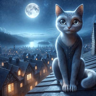 The primary subject of the image is a cat sitting on a rooftop at night. The setting is a cityscape with a moon in the sky, creating a serene and peaceful atmosphere. The visual style is a digital art or illustration, with the cat being the main focus of the image. The colors are predominantly dark, with the moon and the cat's fur being the main sources of light.